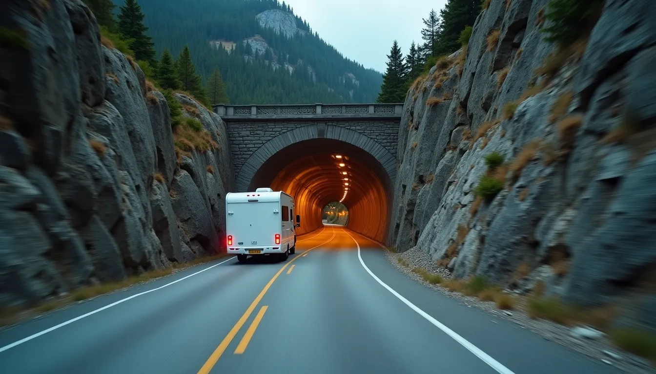 Autocaravana blanca entrando en un túnel de piedra con holgura sobre el techo