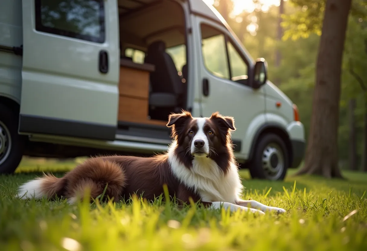 Border collie tumbado en la hierba junto a la puerta abierta de una autocaravana
