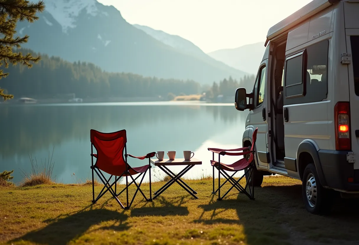 Dos sillas plegables y una mesa con tazas junto a una autocaravana, frente a un lago de montaña al amanecer